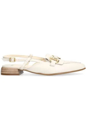 Manfield Schoenen, Dames, Wit, 42 EU, Witte leren slingbacks met gouden ketting