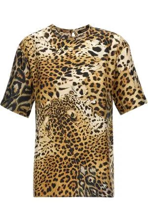 Roberto Cavalli Tops, Dames, Bruin, 2Xs, T-shirt met Jaguar Skin print