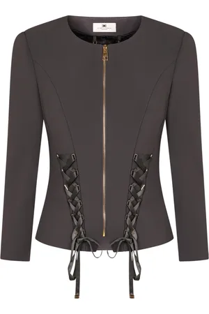 Elisabetta Franchi Jassen, Dames, Grijs, L, Polyester, Stijlvol Zijdeblend Strikkoord Jack