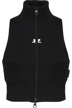 Courrèges Jassen, Dames, Zwart, M, Polyester, Ribgebreide Gilet met Hoge Hals