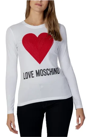 Moschino Tops, Dames, Wit, S, Katoen, Rhinestone Hart Print Lange Mouw T-Shirt