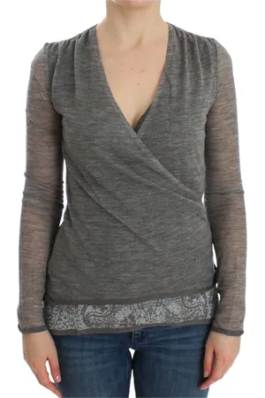 ERMANNO SCERVINO Truien, Dames, Grijs, M, Wol, Grijze V-hals Trui van Wolmix
