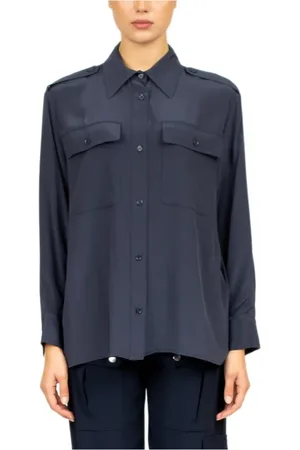 LIVIANA CONTI Blouses & Shirts, Dames, Blauw, XL, Zijden Blouse met Opgestikte Zakken