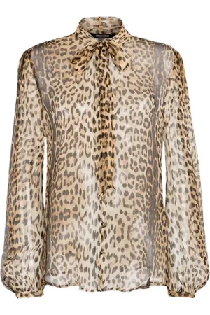 Roberto Cavalli Blouses & Shirts, Dames, Bruin, L, Zijden blouse met luipaardprint en sjaal