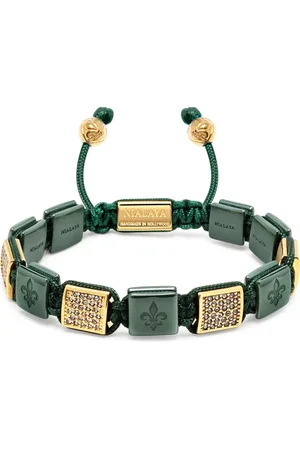 Nialaya Accessoires, Dames, Geel, L, Nylon, Donkergroene keramische flatbead armband met gouden CZ