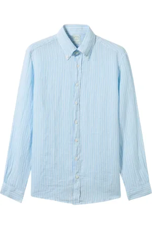 Brooks Brothers Overhemden, Heren, Blauw, M, Linnen, Slim Fit Gestreept Linnen Overhemd met Knopen