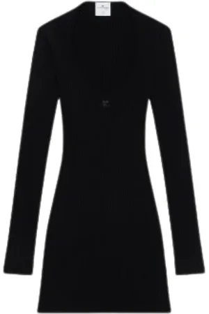 Courrèges Kleedjes, Dames, Zwart, L, Polyester, Zwarte Gebreide Uitlopende Jurk