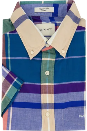 GANT Overhemden, Heren, Veelkleurig, L, Katoen, Casual Overhemd met Korte Mouwen en Blauwe Ruit