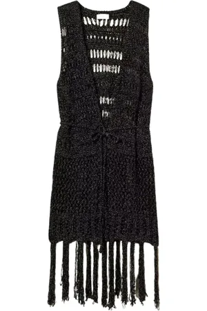 Twin-Set Jassen, Dames, Zwart, ONE Size, Polyester, Zwarte Jassen met Franjes en Riem