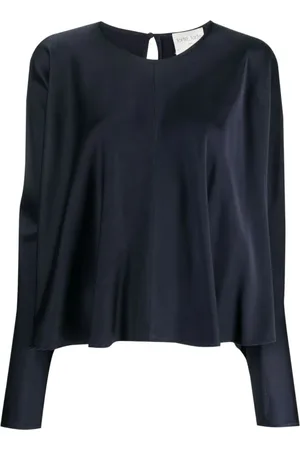 FORTE FORTE Blouses & Shirts, Dames, Blauw, L, Elegante Blauwe Zijden Blouse met Ronde Hals