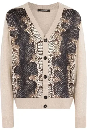 Roberto Cavalli Truien, Heren, Veelkleurig, M, Wol, Python-Print wollen cardigan met V-hals