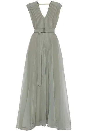 Brunello Cucinelli Kleedjes, Dames, Groen, M, Mouwloze A-lijn Jurk met V-hals