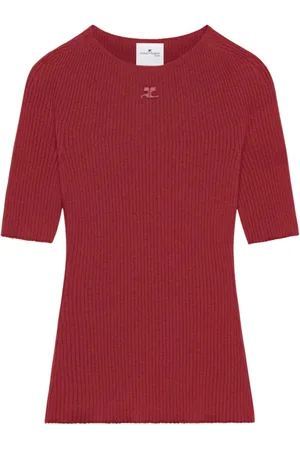 Courrèges Truien, Dames, Rood, S, Katoen, Geribbelde Gebreide Trui met Logopatch