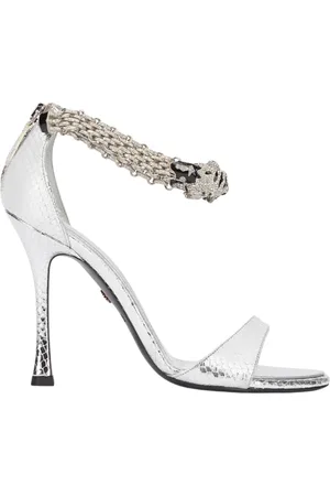 Roberto Cavalli Schoenen, Dames, Grijs, 39 EU, Leer, Tijgerhak Metalen Sandalen