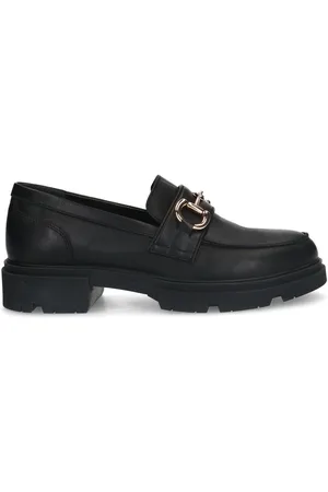 Manfield Schoenen, Dames, Zwart, 38 EU, Leer, Zwarte leren loafers met gouden detail