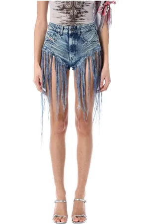 Diesel Korte broeken, Dames, Blauw, W28, Denim, Blauwe franje denim shorts Ss 25