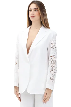 Max Mara Jassen, Dames, Wit, S, Linnen, Witte linnen jas met bloemenborduursel
