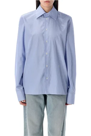 Saint Laurent Blouses & Shirts, Dames, Blauw, S, Katoen, Gestreept Katoenen Shirt Lichtblauw Wit