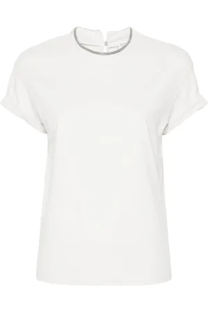 Brunello Cucinelli Tops, Dames, Wit, M, Katoen, T-shirt met strass-steentjes en ronde hals