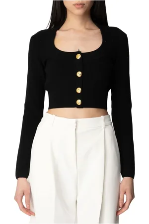 Elisabetta Franchi Truien, Dames, Zwart, XS, Polyester, Zwarte Vest met Gouden Knopen