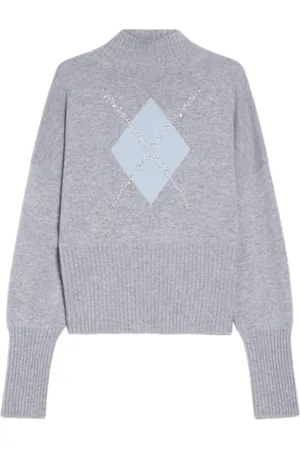 Max Mara Truien, Dames, Grijs, L, Kasjmier, Kasjmier Trui met Diamantpatroon