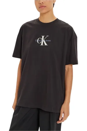 Calvin Klein Tops, Dames, Zwart, M, Katoen, Gedrukt Ronde Hals T-Shirt