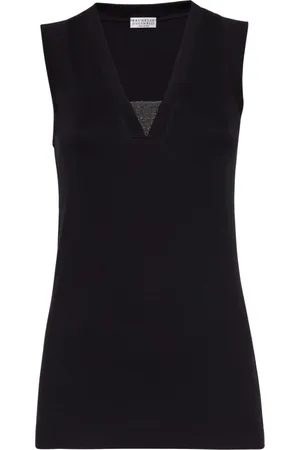 Brunello Cucinelli Tops, Dames, Zwart, L, Katoen, Geribbelde Jersey Top