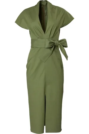 Carolina Herrera Kleedjes, Dames, Groen, M, Katoen, V-Hals Midi Jurk met Voorpand
