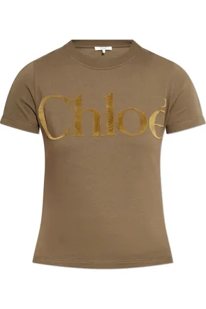 Chloé Tops, Dames, Bruin, XS, Katoen, T-shirt met Velvet Logo Afwerking