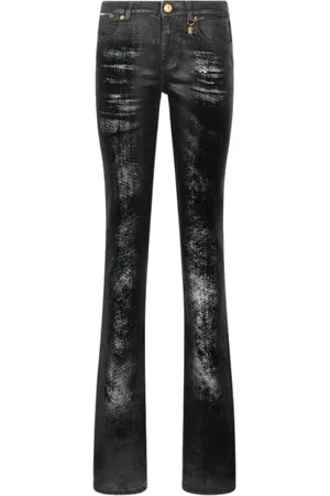 Roberto Cavalli Jeans, Dames, Zwart, L, Katoen, Python Skin Distressed Jeans