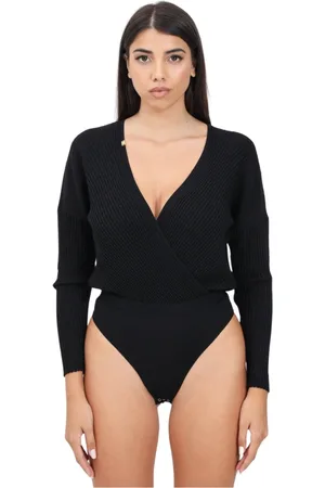 Elisabetta Franchi Tops, Dames, Zwart, M, Zwarte Geribbelde Bodysuit met Logo Plaque