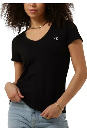 Calvin Klein Tops, Dames, Zwart, XS, Katoen, T-shirt Ck Embroidery Stretch V-Neck