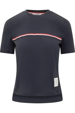 Thom Browne Tops, Dames, Blauw, XS, Katoen, T-shirt met korte mouwen en ronde hals met logo-borduursel