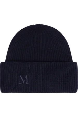 Max Mara Accessoires, Dames, Blauw, ONE Size, Kasjmier, Geribbelde Kasjmier Beanie met Logo aan de Voorkant