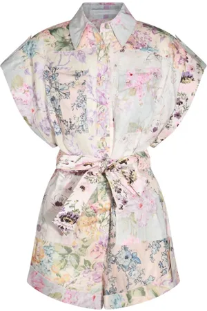 ZIMMERMANN Jumpsuits & Playsuits, Dames, Veelkleurig, L, Linnen, Linnen Jumpsuit met All-Over Motif