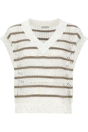 Brunello Cucinelli Truien, Dames, , S, Linnen, Sequin V-hals Linnen Trui