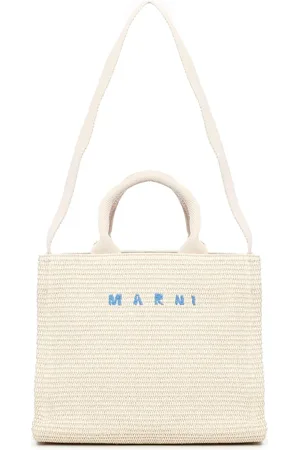 Marni Tassen, Dames, Wit, ONE Size, Katoen, Kleine Oost/West Tote Bag van Geweven Raffia