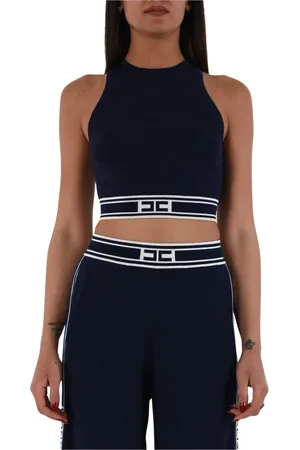 Elisabetta Franchi Tops, Dames, Blauw, 2Xl, Contrast Band Cropped Top