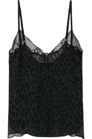 Zadig & Voltaire Tops, Dames, Zwart, M, Luipaardprint Donkergroene Kant Camisole Top