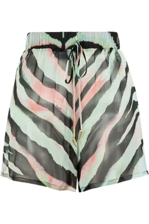 Roberto Cavalli Korte broeken, Dames, Veelkleurig, S, Zebra-Print Zijden Shorts met Trekkoord