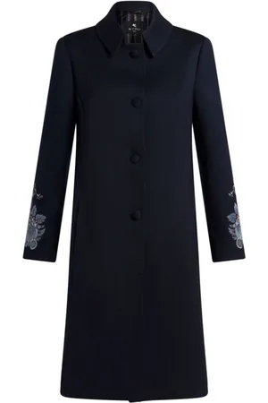 Etro Mantels, Dames, Blauw, M, Wol, Blauwe wollenmix jas met bloemenborduursel