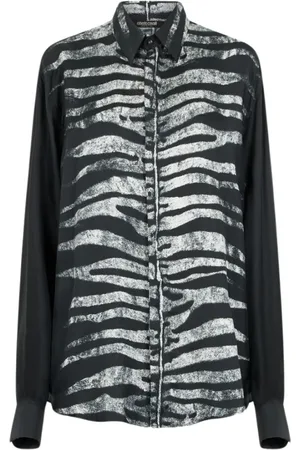 Roberto Cavalli Overhemden, Heren, Zwart, 3Xl, Zebra Print Zijden Overhemd