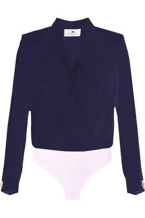 Elisabetta Franchi Tops, Dames, Blauw, L, Satijn, Georgette Body met Lange Mouwen en Ruffles