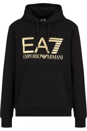 EA7 Sweatshirts & Hoodies, Heren, Zwart, M, Katoen, Zwarte Katoenen Hoodie met Gouden Logo