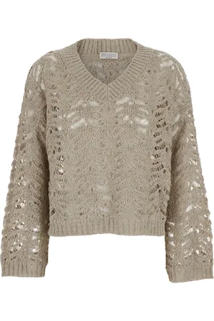 Brunello Cucinelli Truien, Dames, , M, Linnen, V-hals Trui met Geperforeerde Details