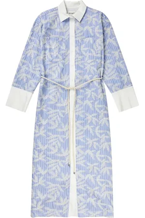 Munthe Kleedjes, Dames, Blauw, S, Katoen, Gestreept overhemdjurkje met bladborduursel