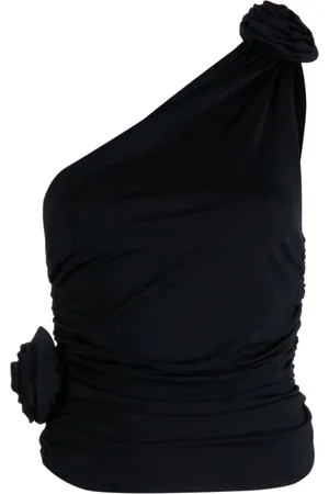 MAGDA BUTRYM Tops, Dames, Zwart, S, Zwarte Bloemen Appliqué Top met één Schouder