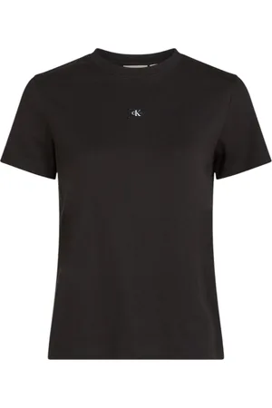 Calvin Klein Tops, Dames, Zwart, L, Katoen, Zwart Katoenen Ronde Hals T-shirt