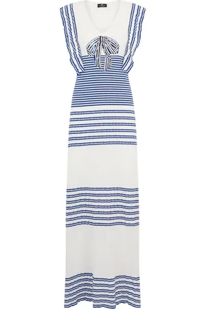 Elisabetta Franchi Kleedjes, Dames, Blauw, S, Pailletten, Blauw Gestreept Maxi Jurk met Pailletten Strik