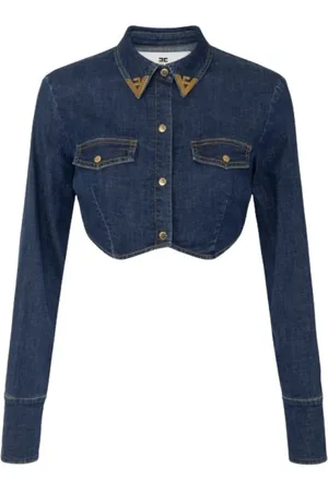 Elisabetta Franchi Blouses & Shirts, Dames, Blauw, L, Denim, Blauw Denim Cropped Shirt met Juweeldetails